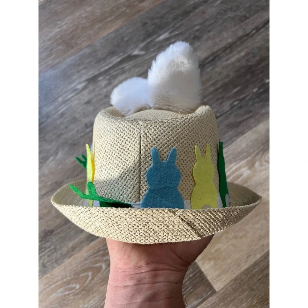 Unbranded Easter Bunny Straw Fedora Hat Kids OS Tan Multi Color Felt Ears